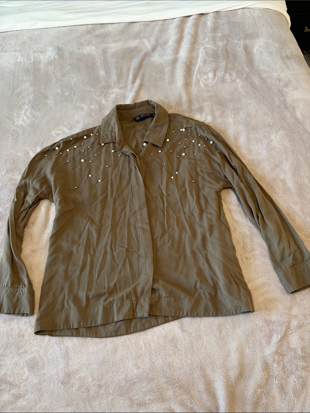 Zara Olive Utility Button-Down Shirt with Pearl Studs